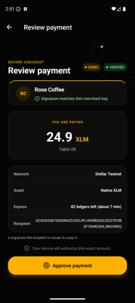 The Rosa Pay confirmation screen showing Rose Coffee, 24.9 XLM and a verified merchant signature