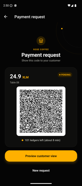 The Rosa Pay merchant screen showing a signed 24.9 XLM request as a QR code